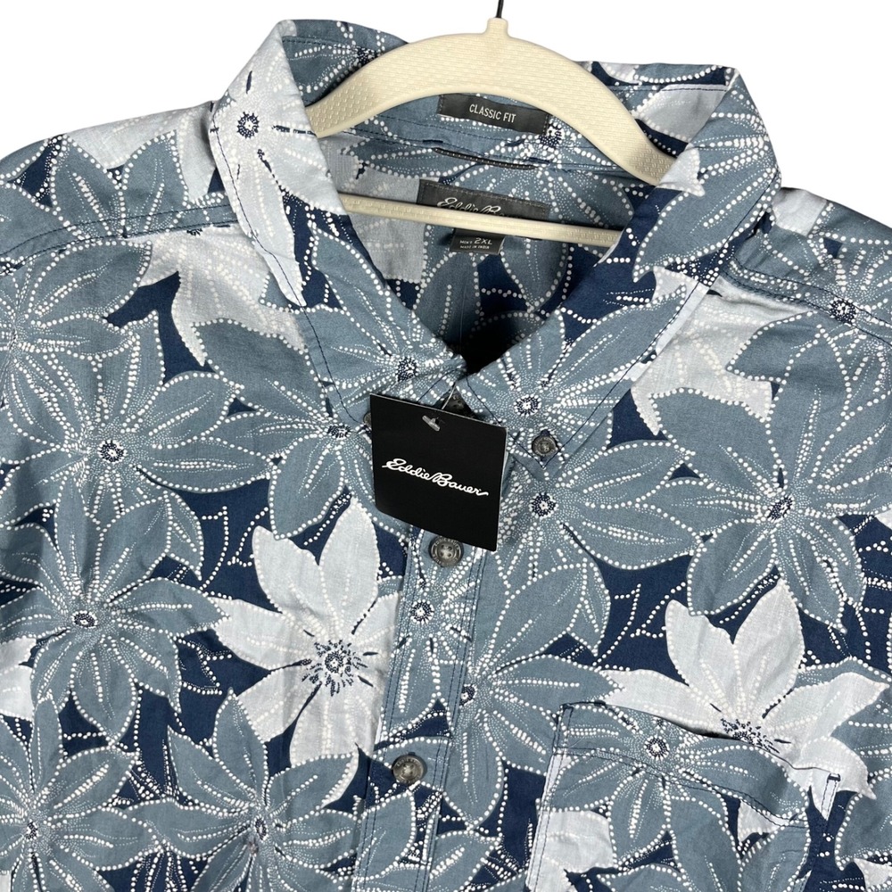 Eddie Bauer Baja Shirt Mens 2XL Cobalt Blue Floral Cotton Button Up
